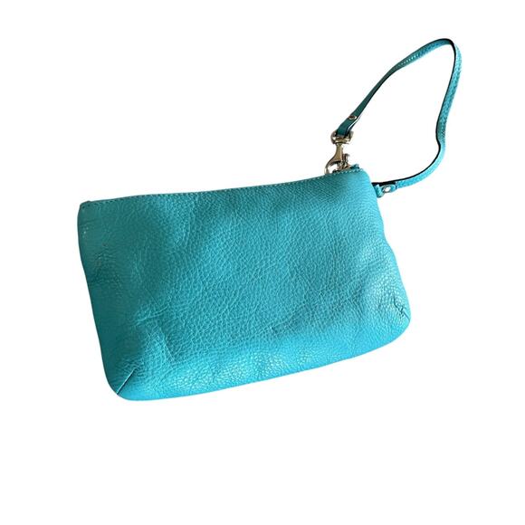 COACH Women's Small Teal Pebble Leather Silver Turnlock Top Zip Wristlet Classic - Picture 8 of 12